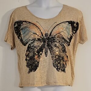 Boho 2X Rocker Girl Tan Burnout Butterfly Earth Tones Metallic Festival Crop Top